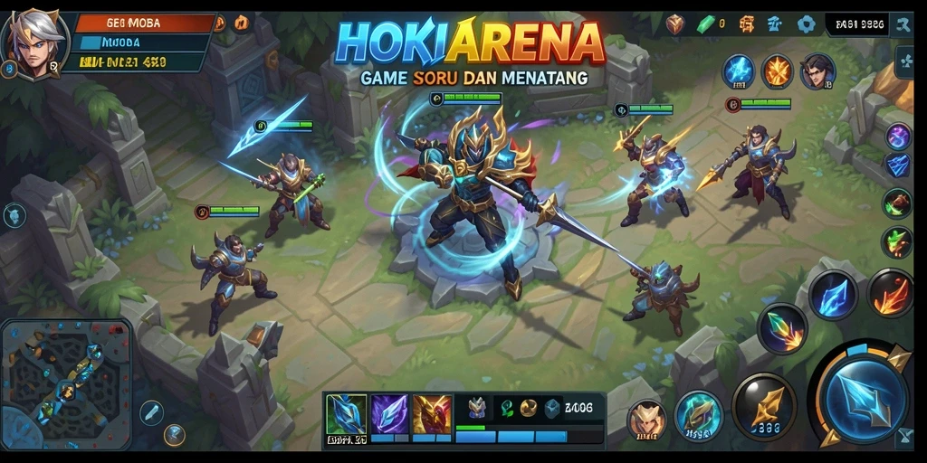 Screenshot gameplay HOKIARENA menampilkan pertarungan seru antara dua tim.