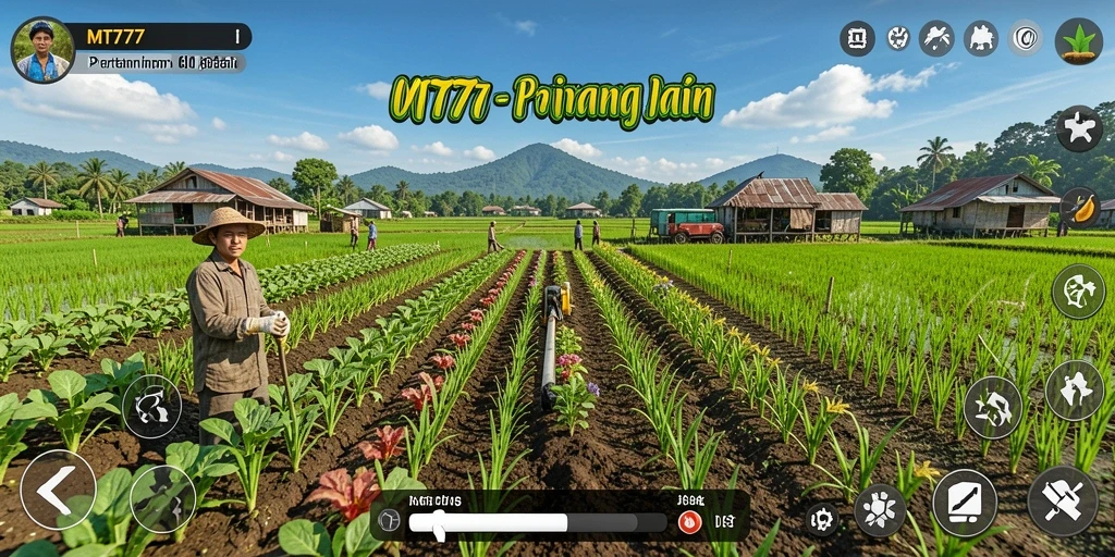Tangkapan layar utama MT777 menampilkan aktivitas bertani yang seru dan grafik yang menawan.