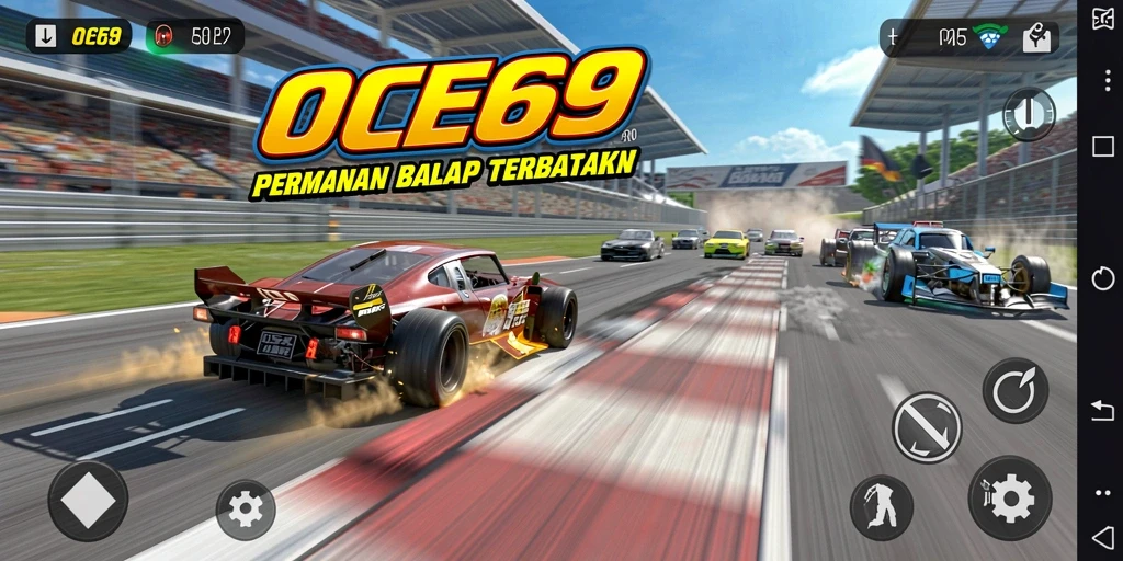 Screenshot utama OCE69 menampilkan aksi balapan yang menegangkan.