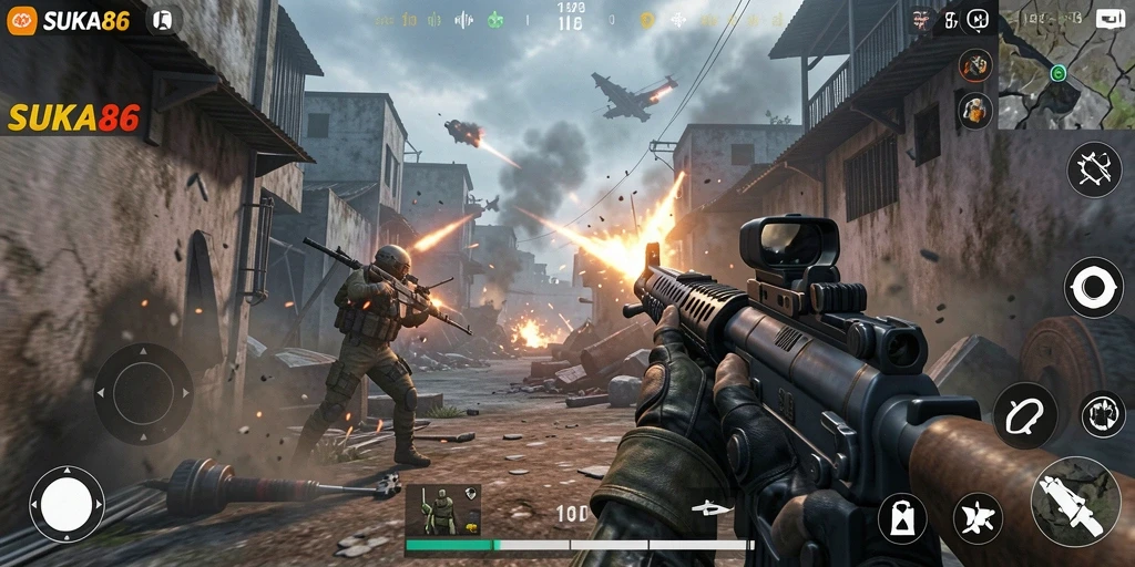 Tangkapan layar gameplay SUKA86 menampilkan aksi tembak-menembak yang intens dan dinamis.