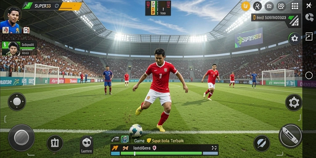 Tangkapan layar <strong>SUPER33</strong> menampilkan aksi gameplay sepak bola yang intens dan mendebarkan.