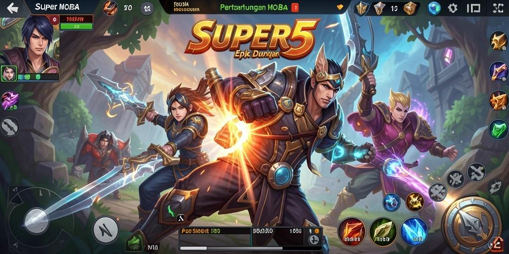 Tangkapan layar <strong>SUPER5</strong> yang menunjukkan aksi pertempuran seru dari gameplay MOBA.