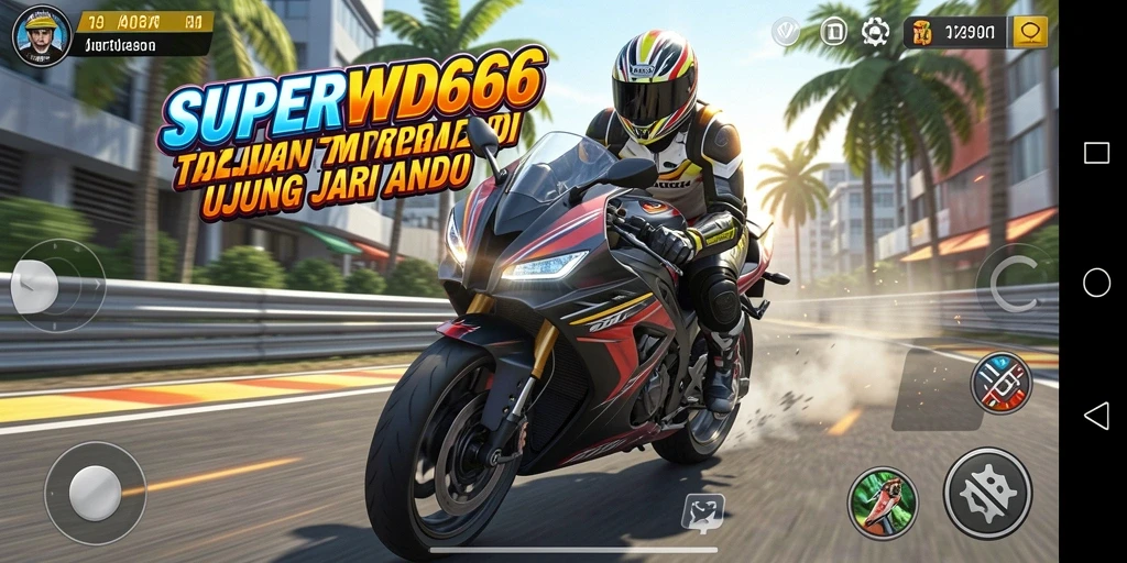 Screenshot SUPERWD666 menampilkan aksi balapan motor yang cepat dan mendebarkan.